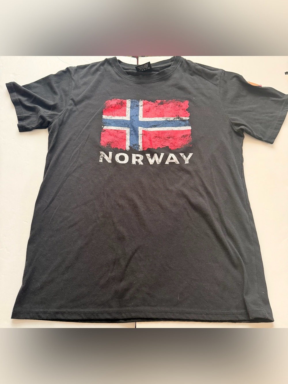 Rock Expedition Norway Flag Graphic T-Shirt Unisex Large Black Distressed